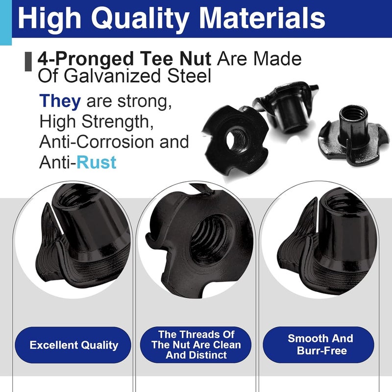 Usdrwam 50 Pack 5/16"-18 T Nuts for Wood, Black Carbon Steel 4-Prong Tee Nuts for Furniture, Cabinets, and Rock Climbing Holds - Image 4